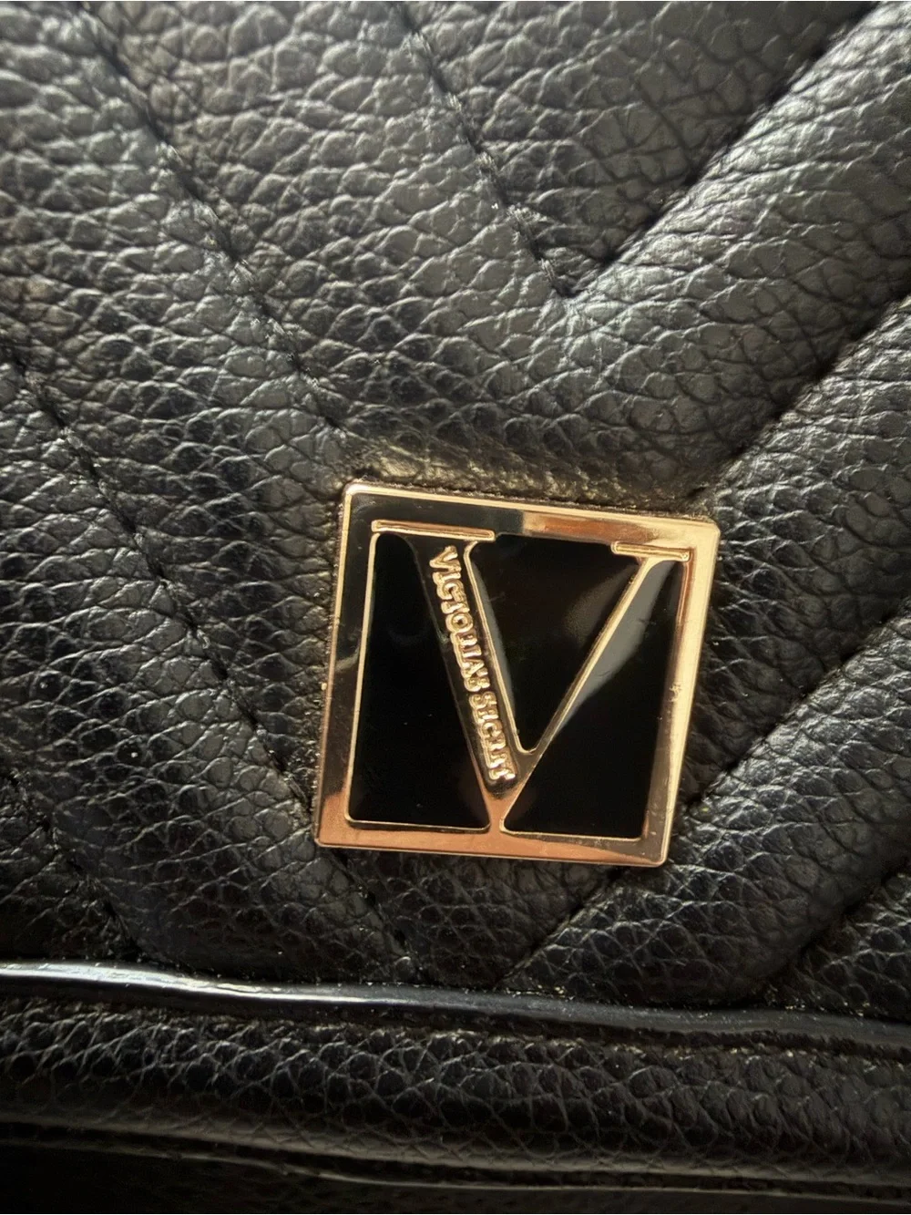 Victoria's Secret Black Quilted Wristlet Clutch with Gold V Accent